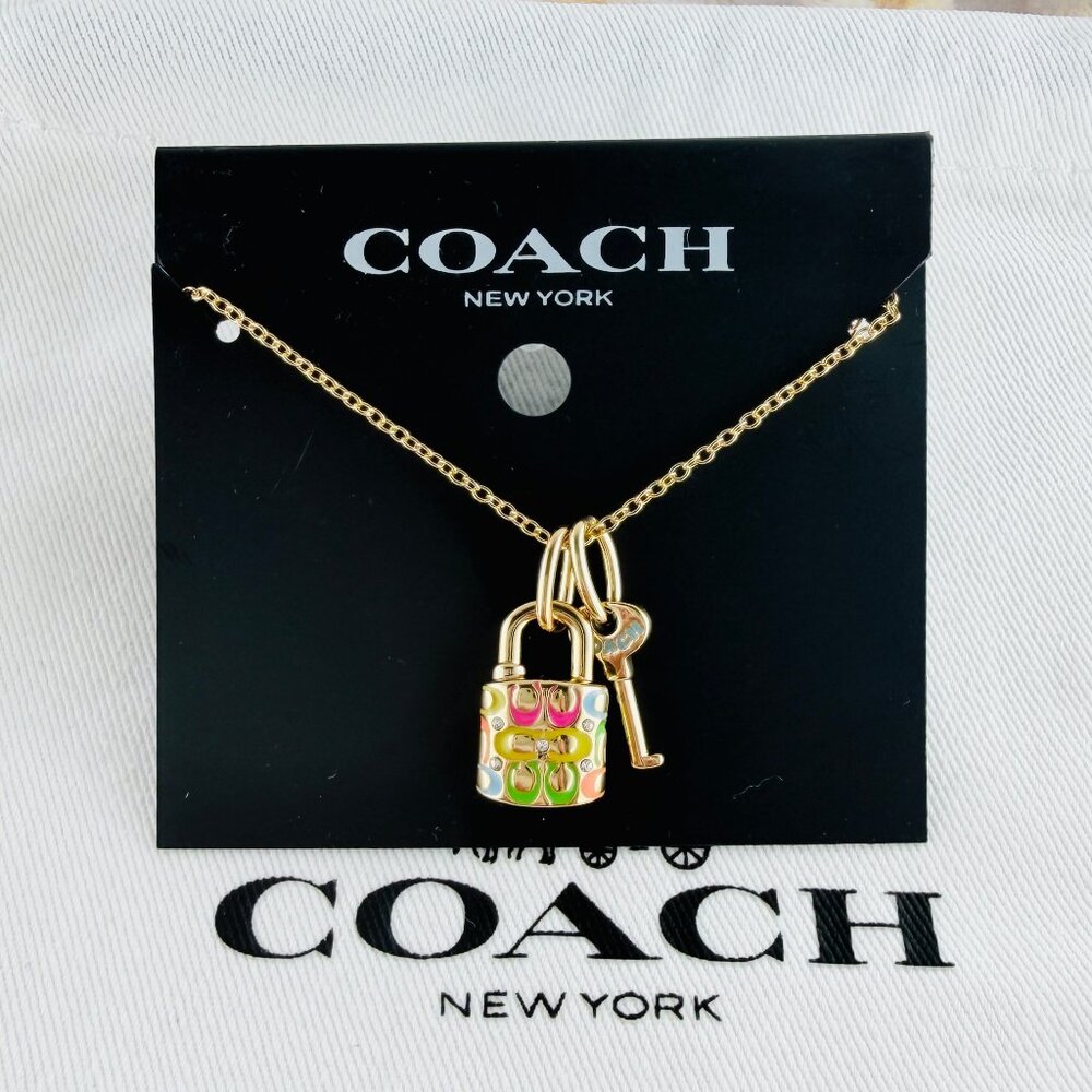 Coach Quilted Padlock Key Mismatch Rainbow gold necklace